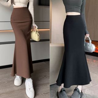 Chân váy dài thun tăm lưng cao form suông gọn gàng màu đen nâu VANISA CV065