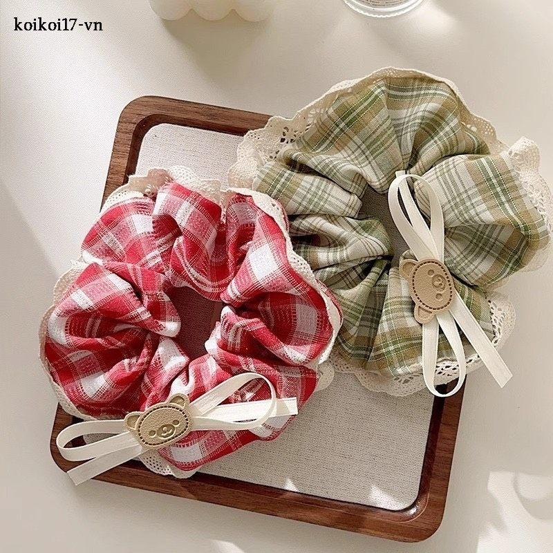 Dây Cột Tóc Scrunchies Kẻ Caro Đính Nơ Gấu Xinh Xắn Phong Cách Hàn Quốc Phụ Kiện Tóc Nữ