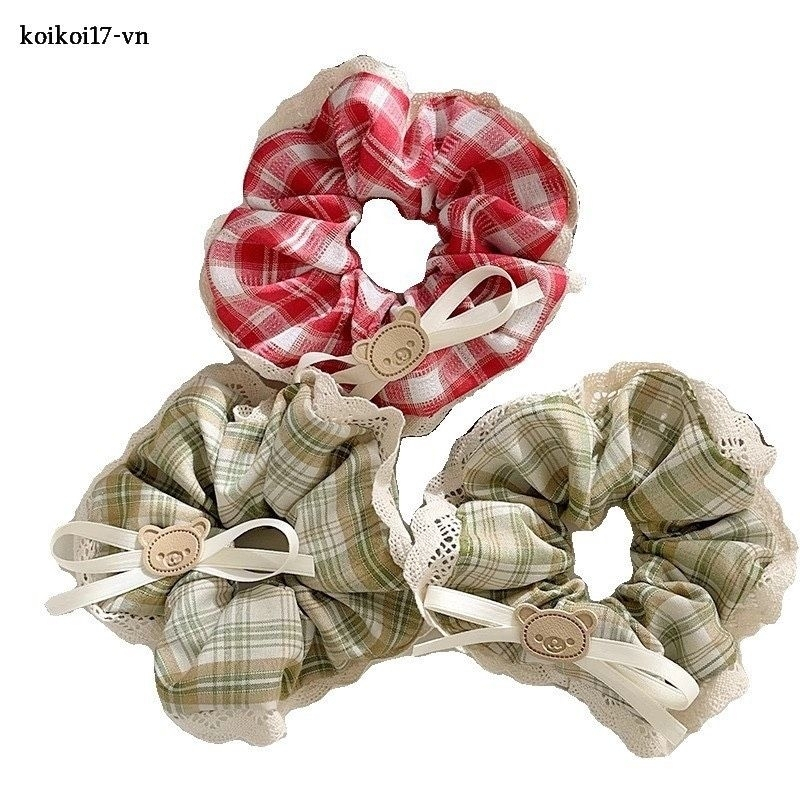 Dây Cột Tóc Scrunchies Kẻ Caro Đính Nơ Gấu Xinh Xắn Phong Cách Hàn Quốc Phụ Kiện Tóc Nữ