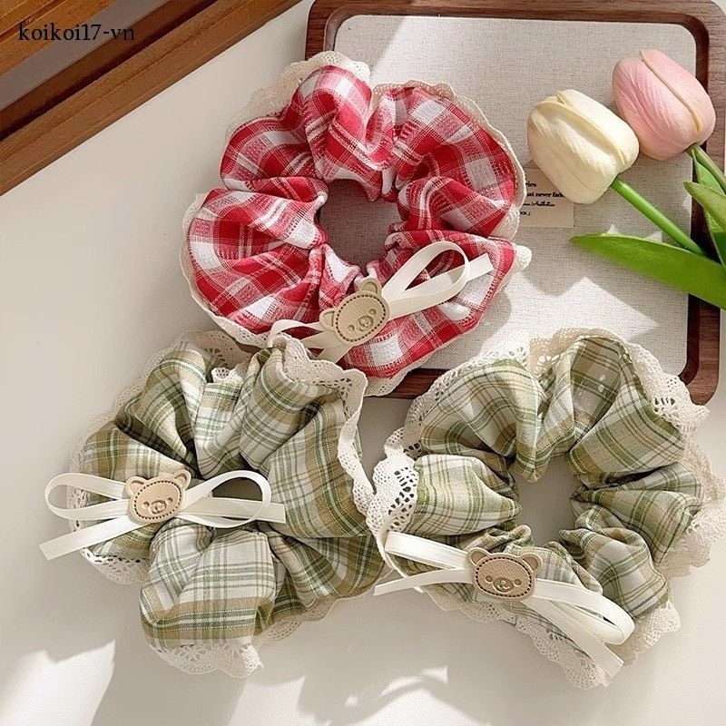 Dây Cột Tóc Scrunchies Kẻ Caro Đính Nơ Gấu Xinh Xắn Phong Cách Hàn Quốc Phụ Kiện Tóc Nữ