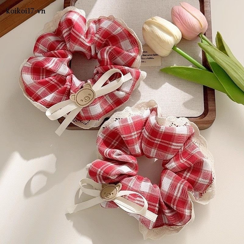 Dây Cột Tóc Scrunchies Kẻ Caro Đính Nơ Gấu Xinh Xắn Phong Cách Hàn Quốc Phụ Kiện Tóc Nữ