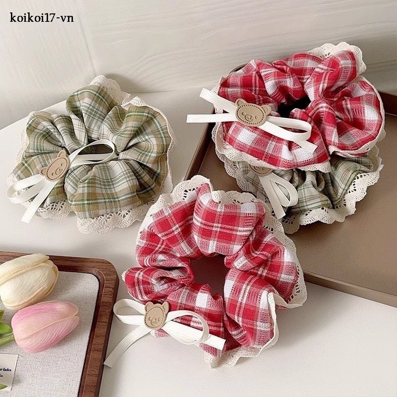 Dây Cột Tóc Scrunchies Kẻ Caro Đính Nơ Gấu Xinh Xắn Phong Cách Hàn Quốc Phụ Kiện Tóc Nữ