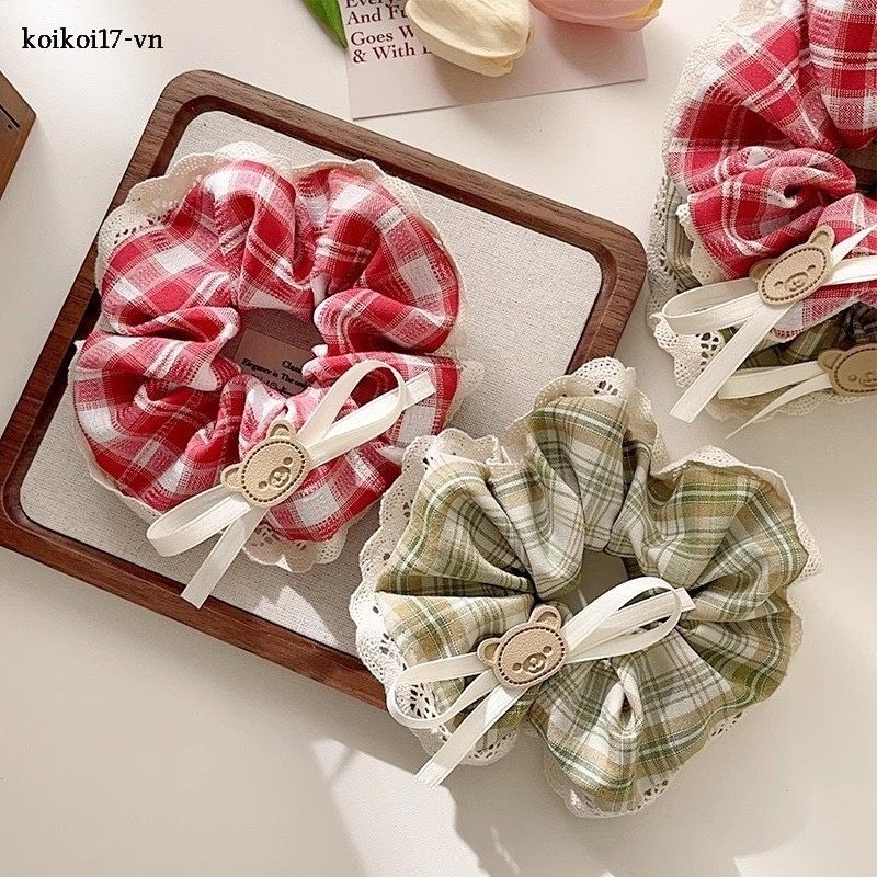 Dây Cột Tóc Scrunchies Kẻ Caro Đính Nơ Gấu Xinh Xắn Phong Cách Hàn Quốc Phụ Kiện Tóc Nữ
