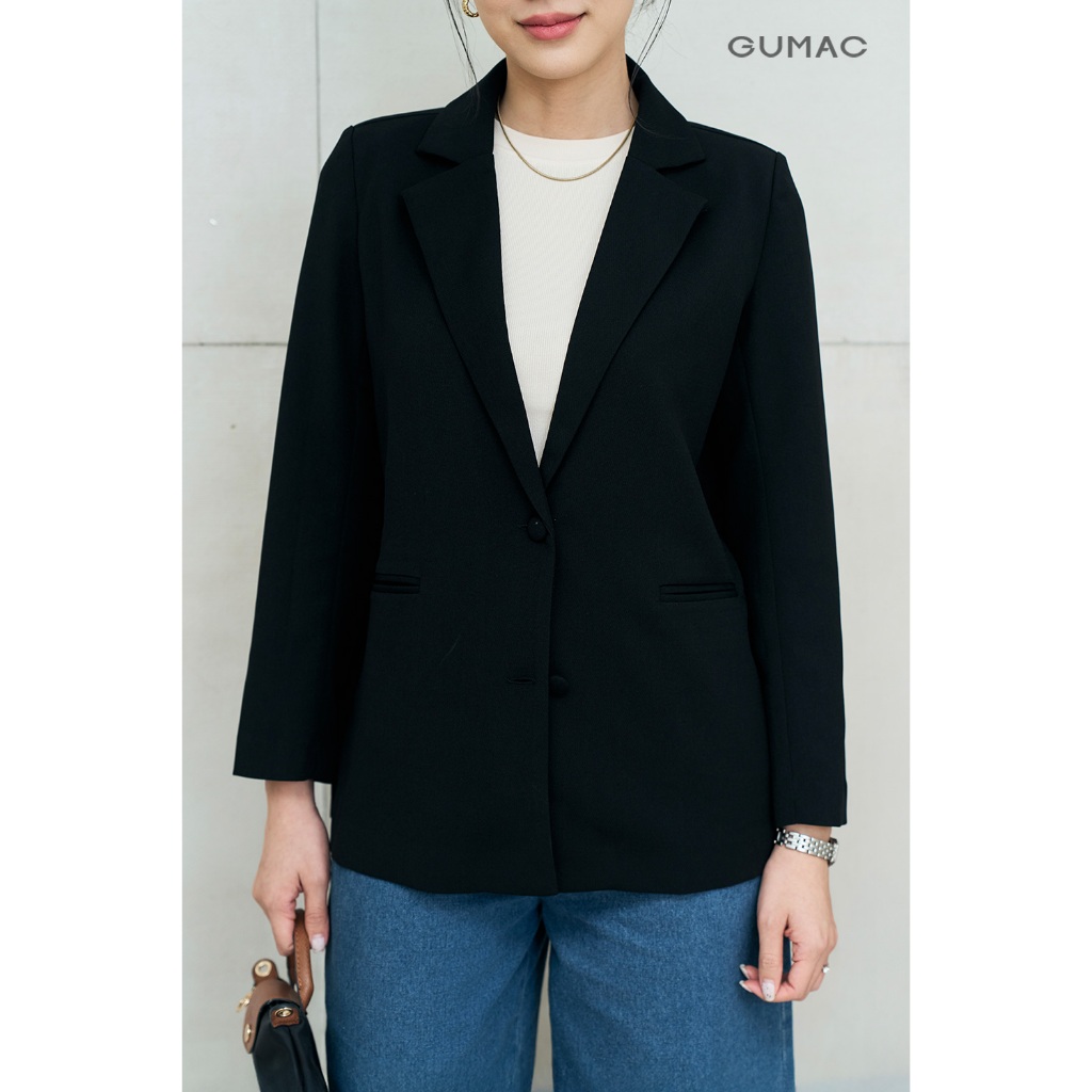 Áo Blazer Nữ GUMAC Dáng Suông Rộng Đính Nút Bọc Cao Cấp LOWF1015