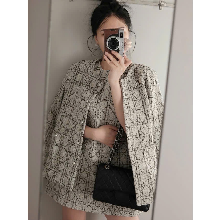 ZIMM STORE-Set Đồ Thu Đông Nữ Áo Dạ Tweed Dáng Rộng Kèm Váy Ngắn Họa Tiết Caro