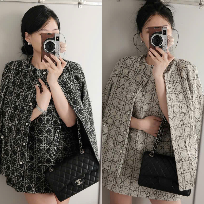 ZIMM STORE-Set Đồ Thu Đông Nữ Áo Dạ Tweed Dáng Rộng Kèm Váy Ngắn Họa Tiết Caro