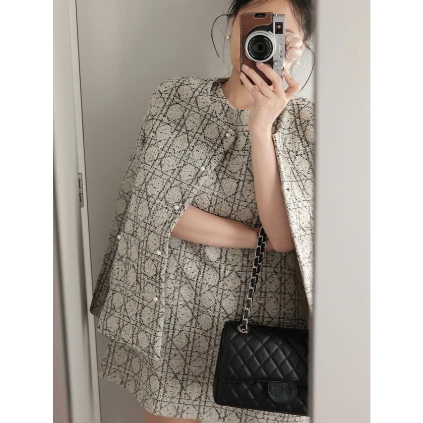 ZIMM STORE-Set Đồ Thu Đông Nữ Áo Dạ Tweed Dáng Rộng Kèm Váy Ngắn Họa Tiết Caro