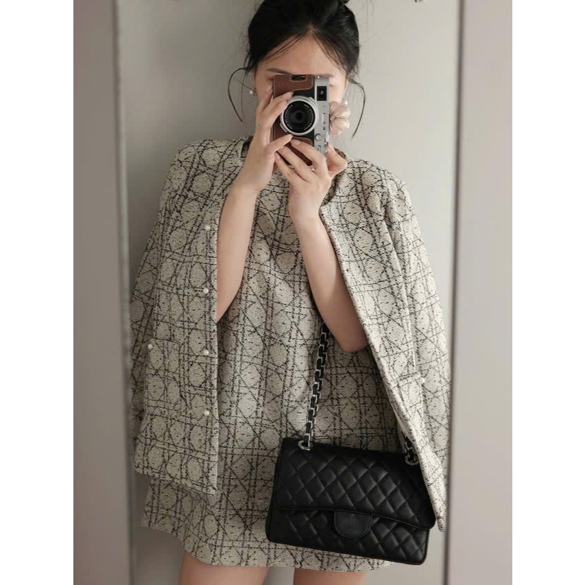 ZIMM STORE-Set Đồ Thu Đông Nữ Áo Dạ Tweed Dáng Rộng Kèm Váy Ngắn Họa Tiết Caro