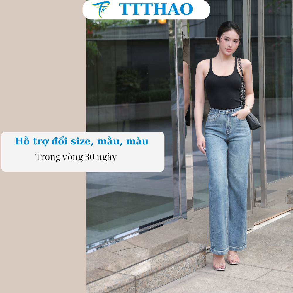 Quần jeans nữ ống suông TTTHAO cao cấp kiểu dáng quần jeans nữ ống rộng dài 103cm VNXK phong cách quần jean nữ basic J15