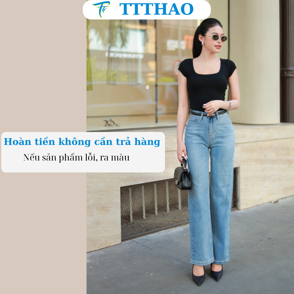 Quần jeans nữ ống suông TTTHAO cao cấp kiểu dáng quần jeans nữ ống rộng dài 103cm VNXK phong cách quần jean nữ basic J15