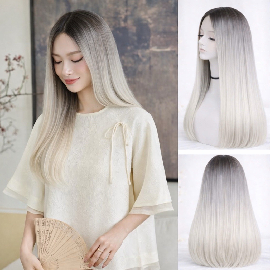 TÓC GIẢ LƯỚI HOA OMBRE NÂU KHÓI BẠCH KIM SÀNH ĐIỆU DIỆN LỄ, ÁO DÀI CỰC NỔI BẬT ĐỘ DÀI 50-55CM TẶNG LƯỚI TRÙM