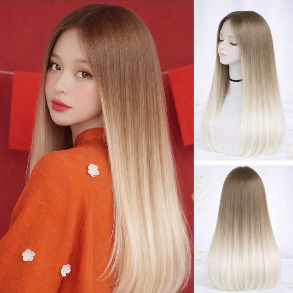 TÓC GIẢ LƯỚI HOA OMBRE NÂU KHÓI BẠCH KIM SÀNH ĐIỆU DIỆN LỄ, ÁO DÀI CỰC NỔI BẬT ĐỘ DÀI 50-55CM TẶNG LƯỚI TRÙM