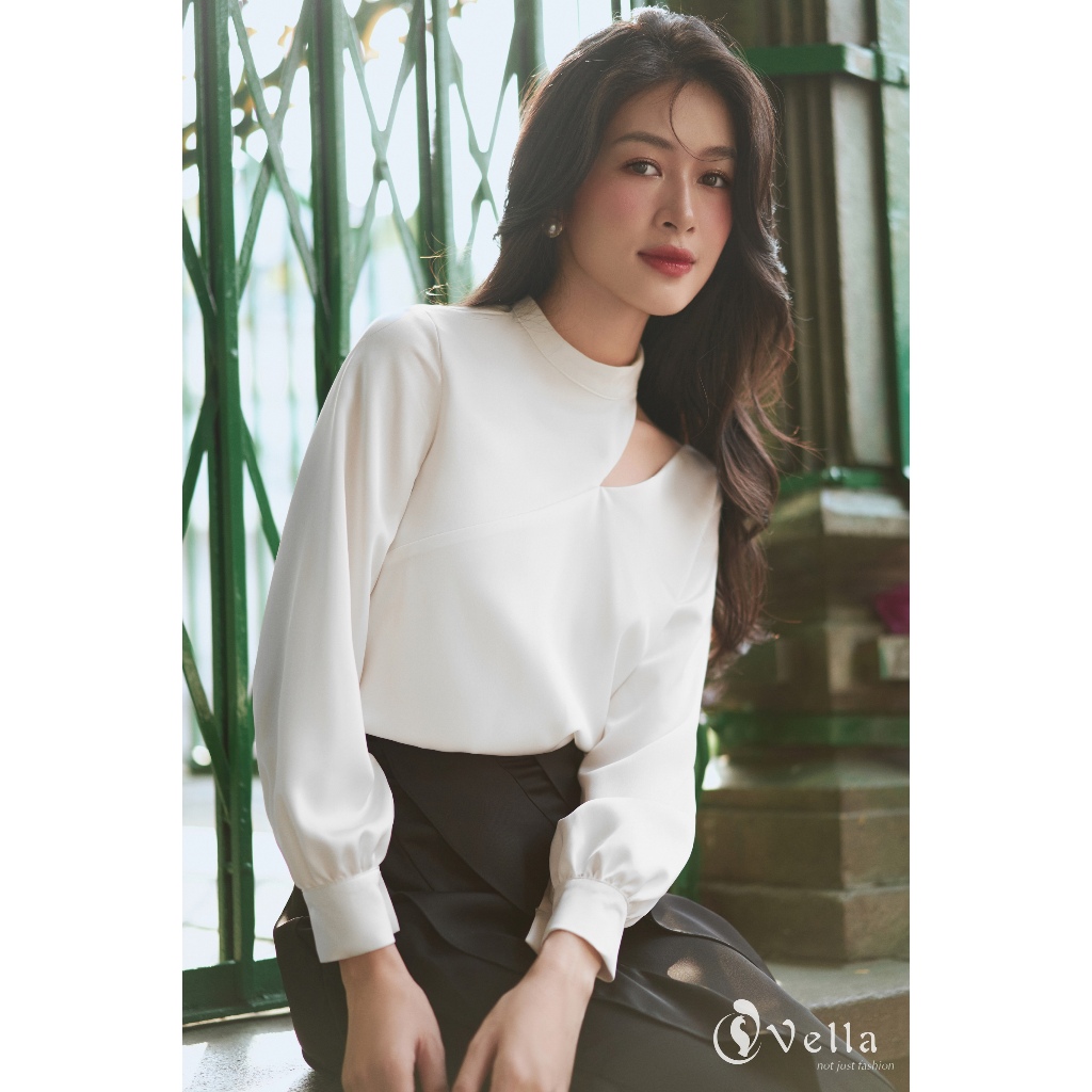 Áo sơ mi kiểu dài tay công sở màu trắng, đỏ & váy bút chì che bụng công sở nữ màu đen Vella VA25128