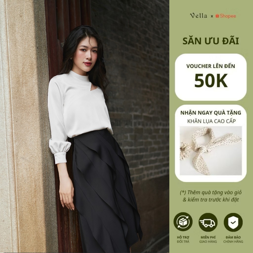 Áo sơ mi kiểu dài tay công sở màu trắng, đỏ & váy bút chì che bụng công sở nữ màu đen Vella VA25128
