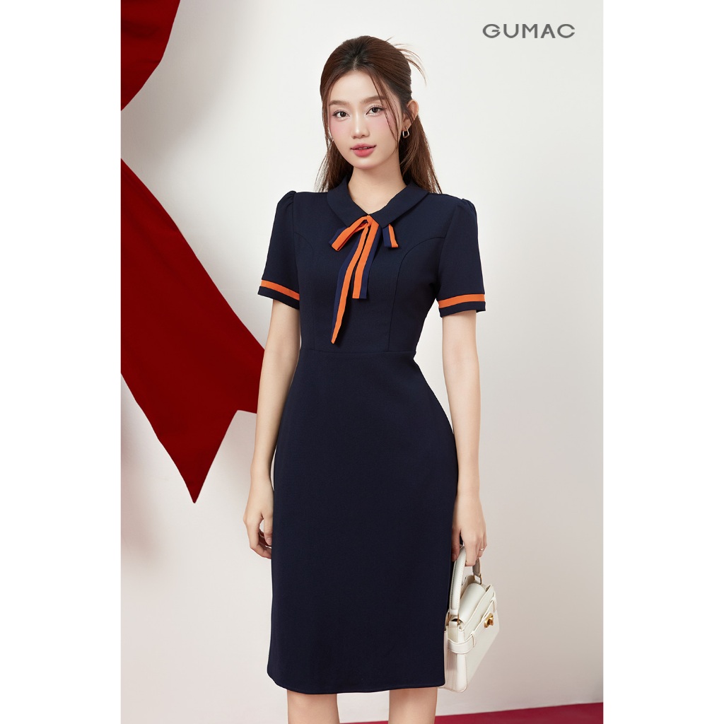 Đầm Chữ A Nữ GUMAC Váy Công Sở Phối Nơ Cổ Tôn Dáng Vải Tuyết Mưa Cao Cấp Đi Chơi Dạo Phố LDE0614