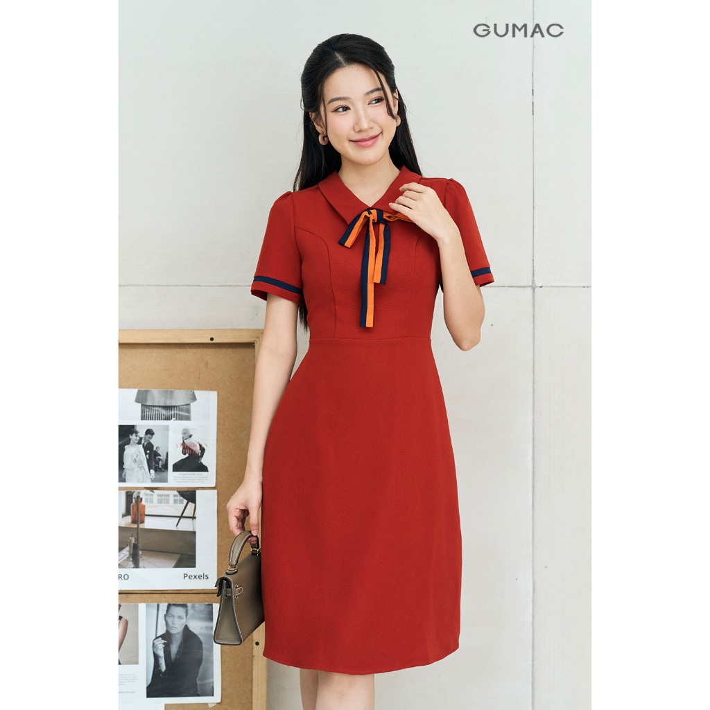 Đầm Chữ A Nữ GUMAC Váy Công Sở Phối Nơ Cổ Tôn Dáng Vải Tuyết Mưa Cao Cấp Đi Chơi Dạo Phố LDE0614