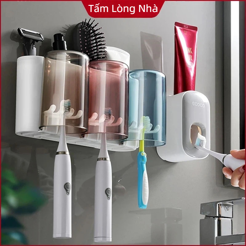 Giá để bàn chải, kem đánh răng kệ 4 ngăn kèm miếng dán keo không cần khoan tường tiện lợi