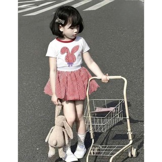 [B&G] Sét váy áo cotton trắng thỏ kèm chân váy caro đỏ cho bé gái đi chơi đi học