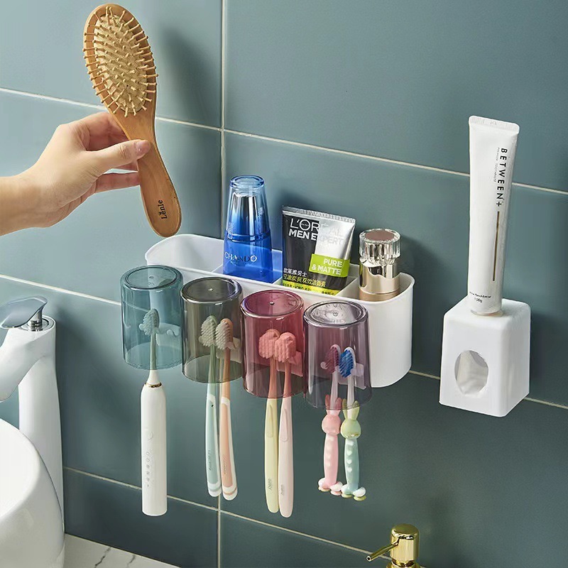 Bộ Nhả Kem Đánh Răng Tự Động – Bộ Cốc Và Kệ Để Bàn Chải Đánh Răng Dán Tường Cao Cấp