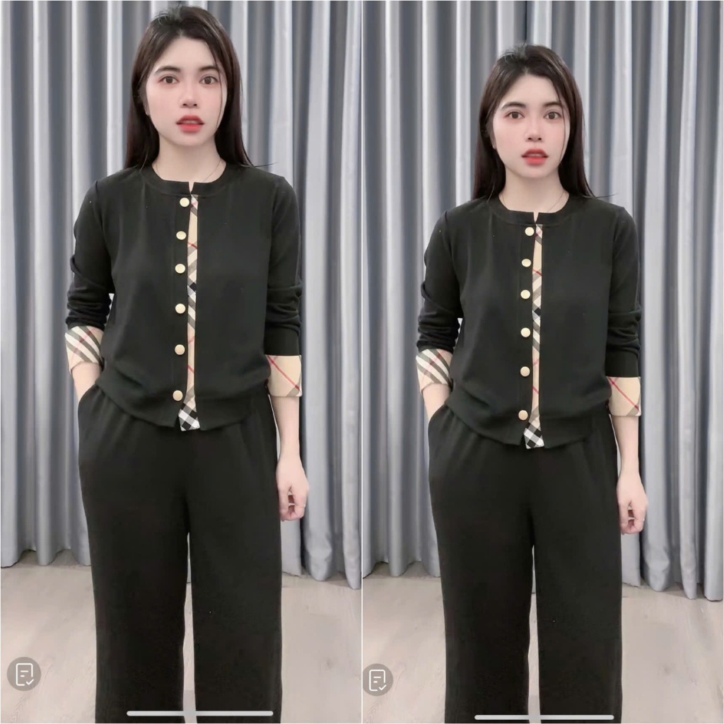 2026. [KẺ NÂU CÀI CÚC]. Sét chất len lông thỏ cài cúc áo dài tay+ quần suông. Đủ size SMLXL 40kg- 70kg