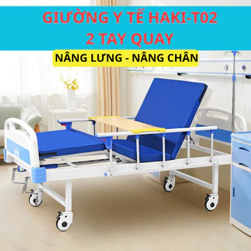 Giường Y Tế Đa Năng 2 Tay Quay - Nâng Lưng , Nâng chân, Kèm Nệm & Cây Truyền Dịch - HAKI T02