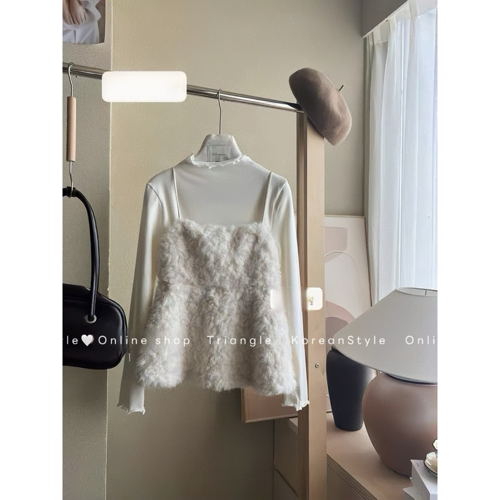 TRIANGLE - Cutie Top (Cân nhắc kỹ, return is not welcomed) - Set 2 áo gồm áo 2 dây bông mix áo thun dài tay style Hàn