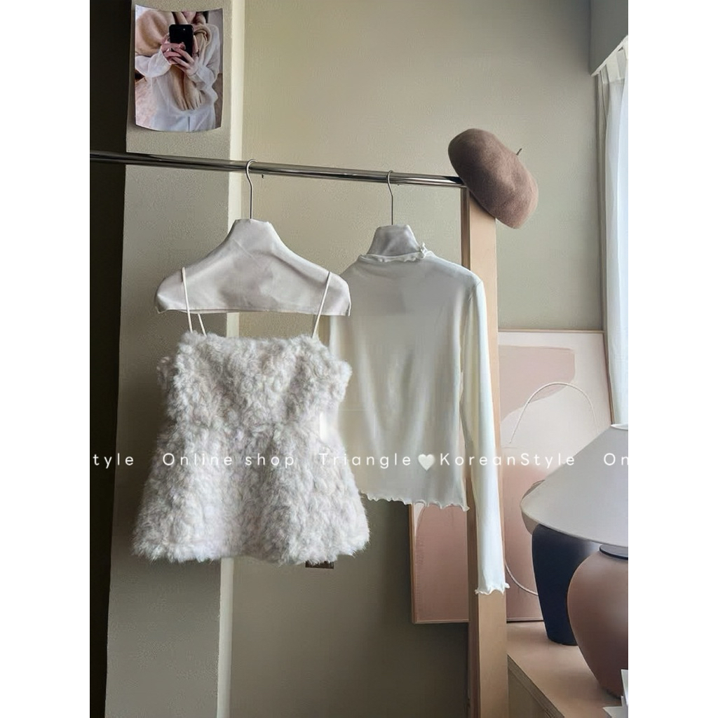 TRIANGLE - Cutie Top (Cân nhắc kỹ, return is not welcomed) - Set 2 áo gồm áo 2 dây bông mix áo thun dài tay style Hàn