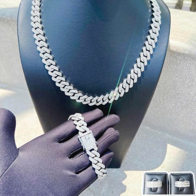 (Combo 4 món) Combo dây chuyền và lắc tay cuban đính đá tặng kèm 2 nhẫn bling cz - ver2