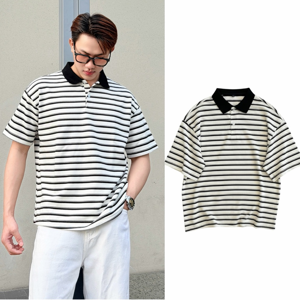 Áo Thun Polo Form Boxy Hoa Tiết Kẻ Sọc - Local Brand, Thun Cotton Co Giản - F.Unnormal.Club - Menswear | TMTA05
