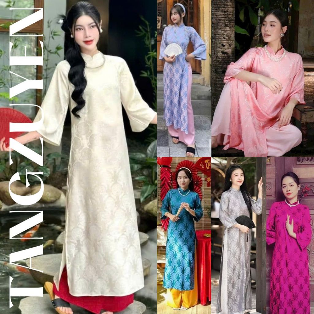 Set Áo dài cách tân dáng suông gấm thọ cổ cao tay lỡ basic nhiều màu Quần ống rộng lụa mỹ truyền thống mặc Lễ Tết T1455G