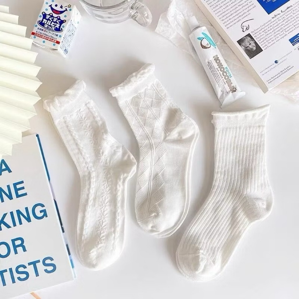 giảm sâu 40% Tất Nữ Cổ cao Đẹp Dệt Kim Trắng Tinh Phong Cách Vintage Hàn Quốc Chất Liệu Cotton Được Chọn Màu Mẫu