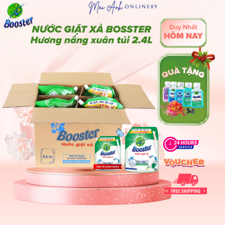 Thùng 4 túi nước giặt xả Bosster hương nắng xuân 2.4L/ túi, Combo tiết kiệm giặt & xả 2in1