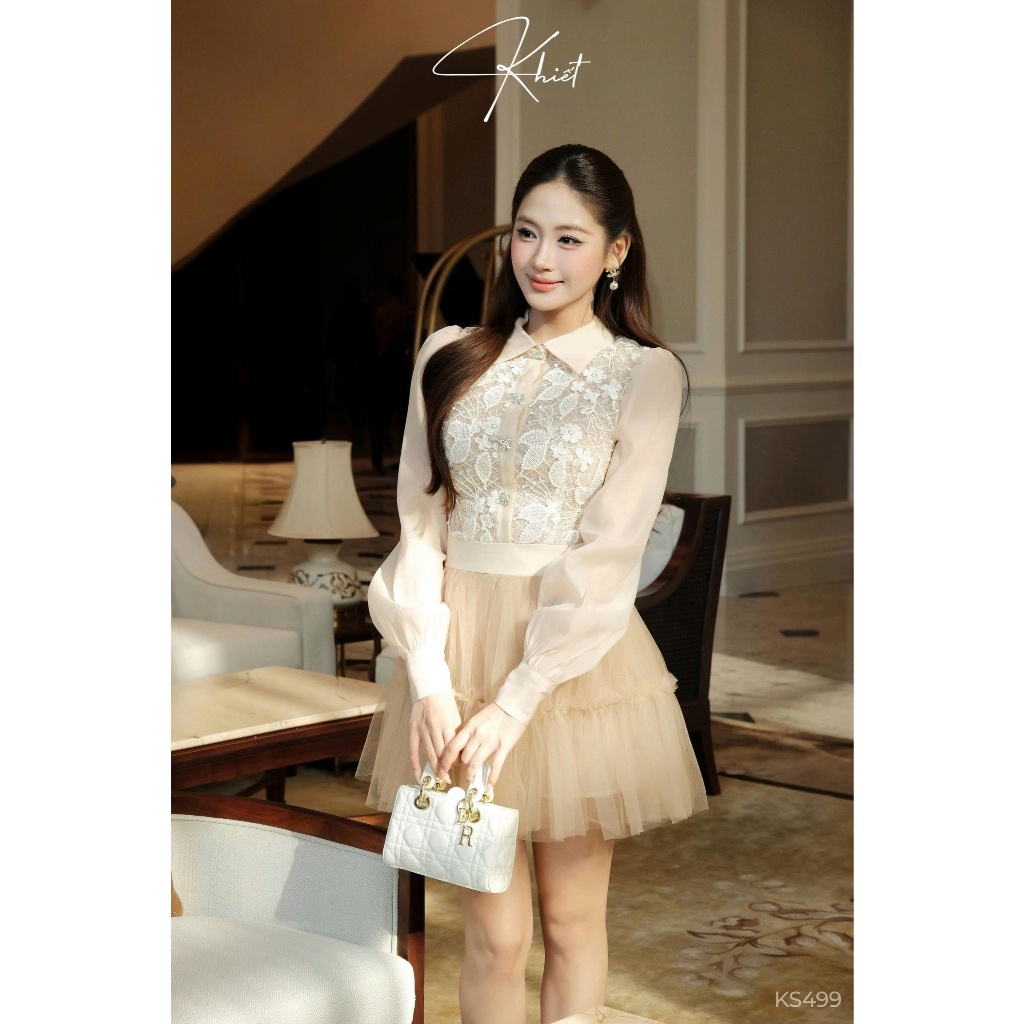 Đầm tiểu thư ren hoa champagne phối tùng váy lưới tulle xòe Khiết, phong cách tiệc tùng ngọt ngào KS499