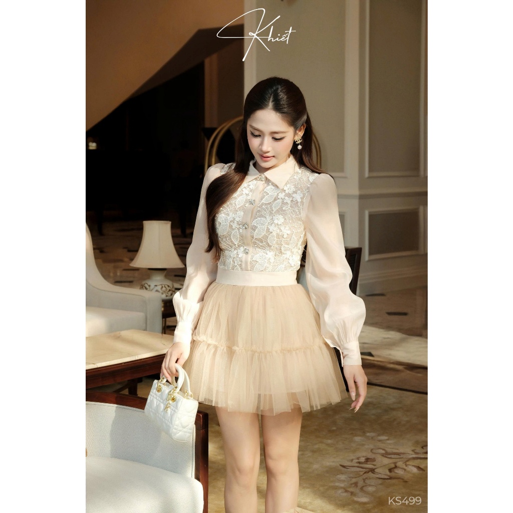Đầm tiểu thư ren hoa champagne phối tùng váy lưới tulle xòe Khiết, phong cách tiệc tùng ngọt ngào KS499