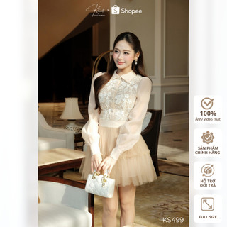 Đầm tiểu thư ren hoa champagne phối tùng váy lưới tulle xòe Khiết, phong cách tiệc tùng ngọt ngào KS499