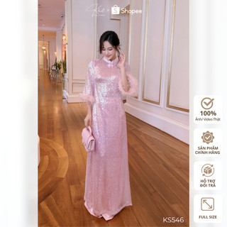 Set áo dài kim sa hồng Khiết Style phối tay lông vũ ngọt ngào, phong cách ngày Xuân KS546