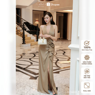 Đầm lụa Khiết Style cổ yếm dáng dài xẻ tà đính hoa phong cách sang trọng KD460
