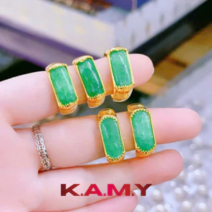Nhẫn Nữ Đính Đá Cẩm Xanh Mạ Vàng – Nhẫn Bản Dài Sang Trọng, Phong Thủy May Mắn