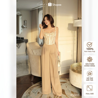 Set áo corset ren 2 dây Khiết Style phối quần suông dài nâu be phong cách quyến rũ KS503