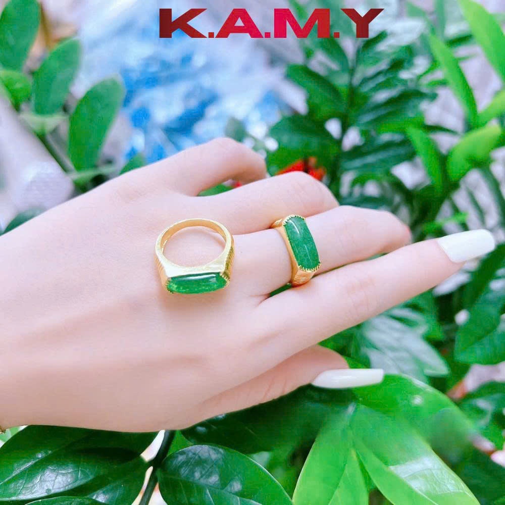 Nhẫn Nữ Đính Đá Cẩm Xanh Mạ Vàng – Nhẫn Bản Dài Sang Trọng, Phong Thủy May Mắn