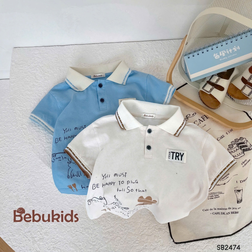 Bộ polo cộc tay Care Try Bebukids thiết kế bo tay dệt viền dành cho bé trai 8-21kg