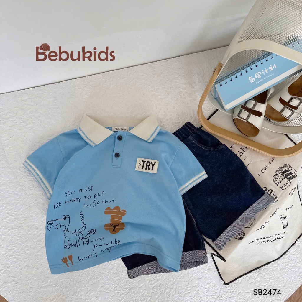 Bộ polo cộc tay Care Try Bebukids thiết kế bo tay dệt viền dành cho bé trai 8-21kg