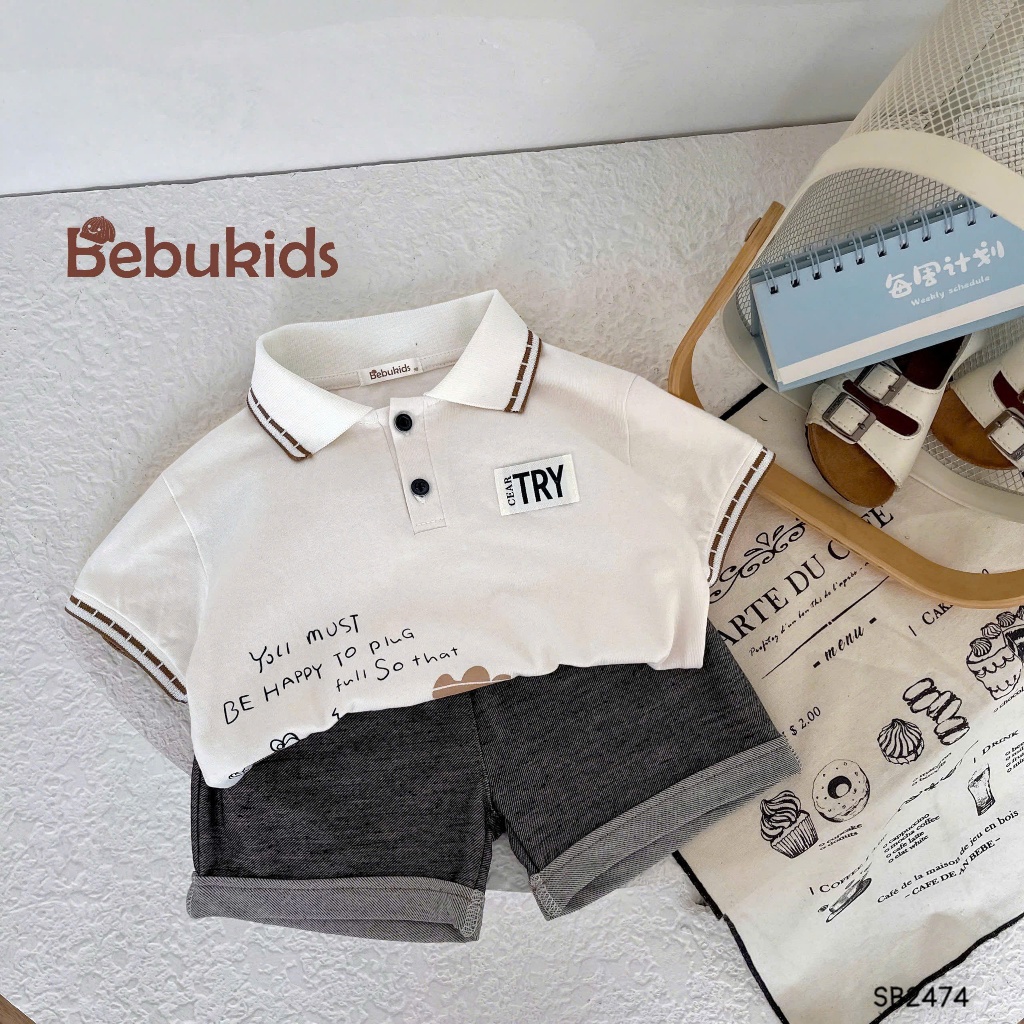 Bộ polo cộc tay Care Try Bebukids thiết kế bo tay dệt viền dành cho bé trai 8-21kg