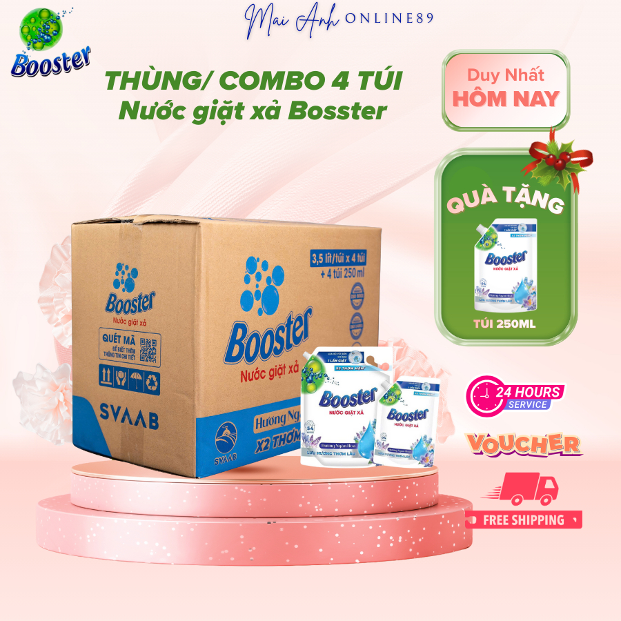 Thùng/ Combo 4 Nước giặt xả Bosster hương ngàn hoa túi 3.5kg TẶNG kèm 4 túi mini 250ml , chính hãng
