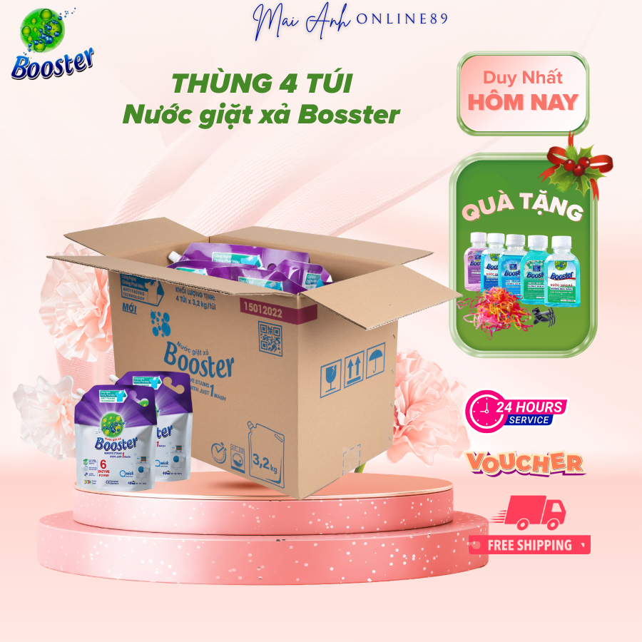 Thùng 4 túi nước giặt xả Bosster hương nắng mai túi 3,2 kg - Hàng chính hãng, TẶNG KÈM QUÀ