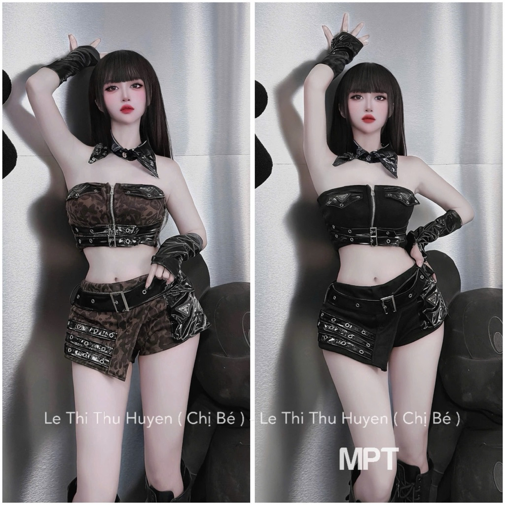 Set bộ đồ nữ phối da bóng dạo phố cực chất