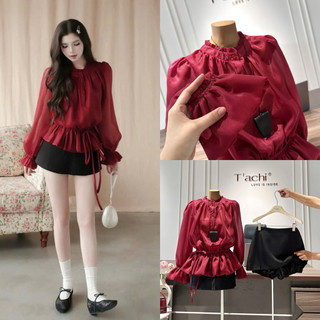 SEP House - Set voan tơ bóng tay dài cổ viền bèo bo chun rút dây eo cột nơ phối chân váy form A sành điệu,trẻ trung
