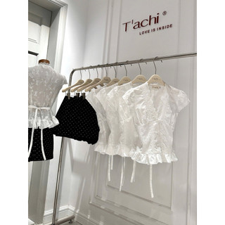 SEP House - Set áo xô thêu nơ viền ren cổ V bo chun lưng cột nơ phối cv đen chấm bi năng động, trẻ trung - Ảnh thậtjt ko