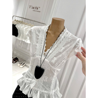 SEP House - Set áo xô thêu nơ viền ren cổ V bo chun lưng cột nơ phối cv đen chấm bi năng động, trẻ trung - Ảnh thậtjt ko