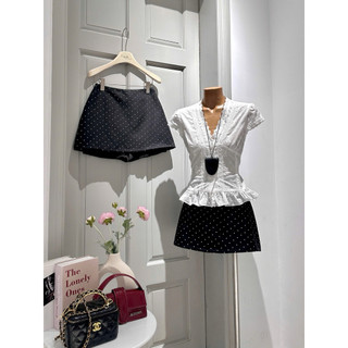 SEP House - Set áo xô thêu nơ viền ren cổ V bo chun lưng cột nơ phối cv đen chấm bi năng động, trẻ trung - Ảnh thậtjt ko